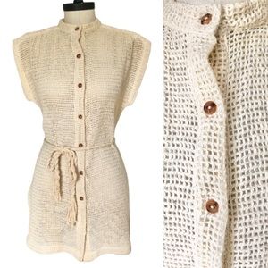 70s Vtg Open Knit Wood Button Rope Belted Tunic